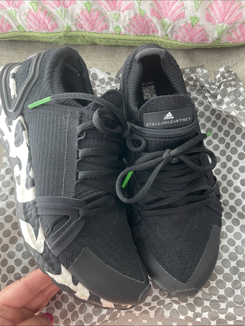 Adidas by Stella McCartney Black Knit Sneakers with Green Accents size 7 1/2 fit